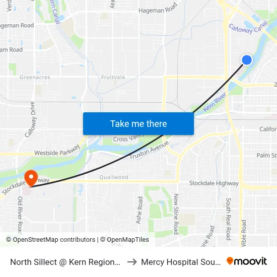 North Sillect @ Kern Regional Center to Mercy Hospital Southwest map