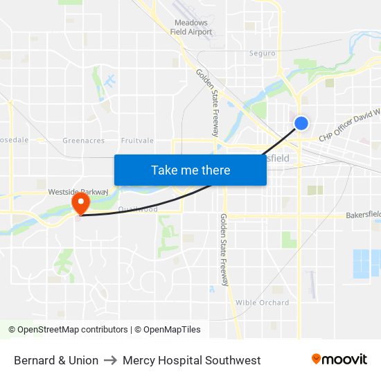 Bernard & Union to Mercy Hospital Southwest map