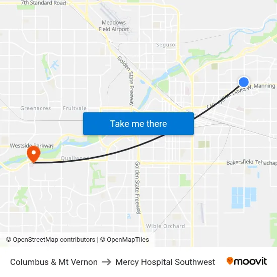 Columbus & Mt Vernon to Mercy Hospital Southwest map