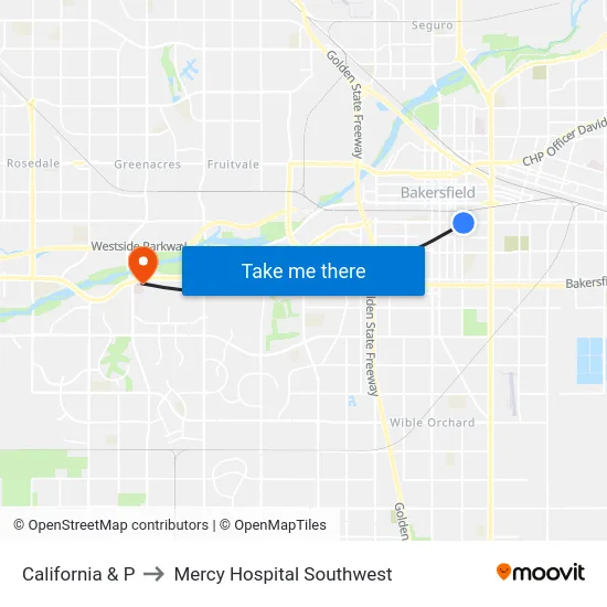 California & P to Mercy Hospital Southwest map