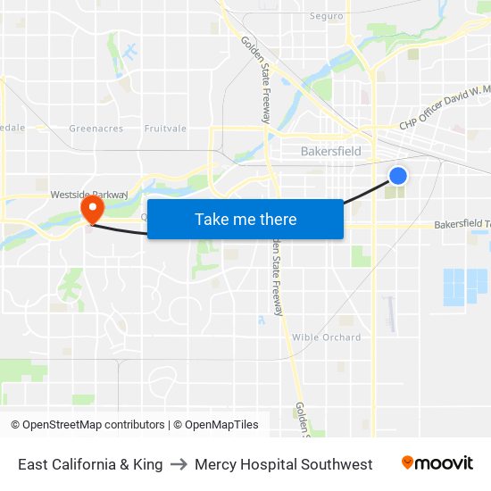 East California & King to Mercy Hospital Southwest map