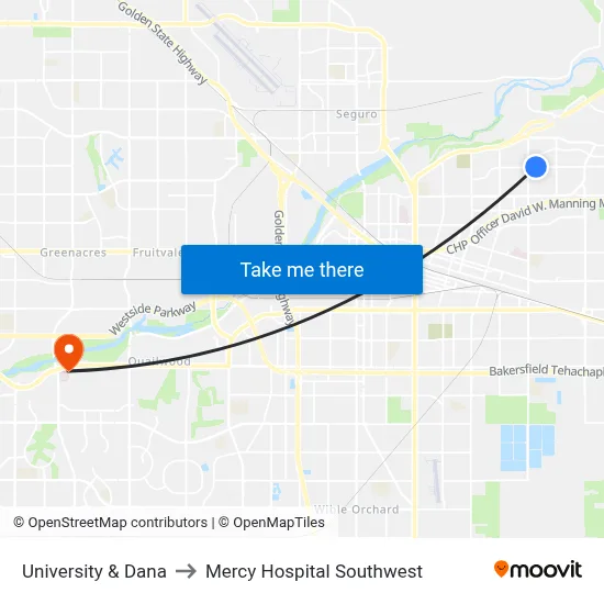 University & Dana to Mercy Hospital Southwest map