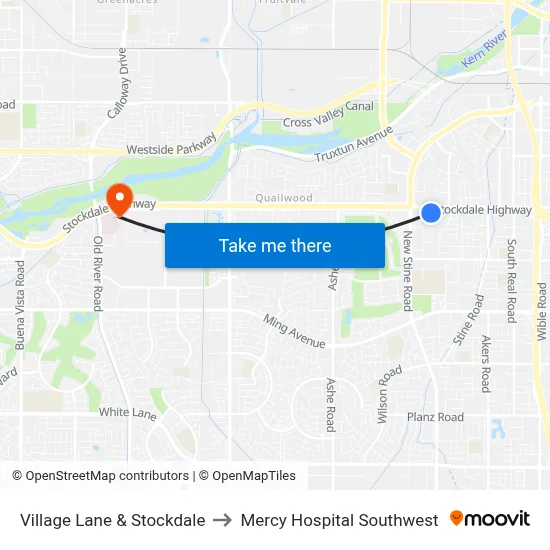 Village Lane & Stockdale to Mercy Hospital Southwest map