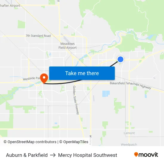 Auburn & Parkfield to Mercy Hospital Southwest map