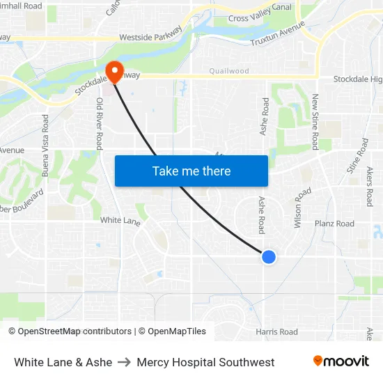 White Lane & Ashe to Mercy Hospital Southwest map