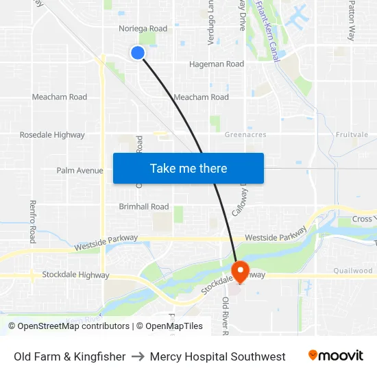 Old Farm & Kingfisher to Mercy Hospital Southwest map