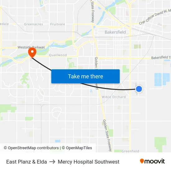 East Planz & Elda to Mercy Hospital Southwest map