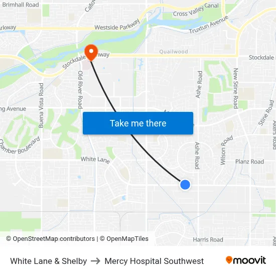 White Lane & Shelby to Mercy Hospital Southwest map