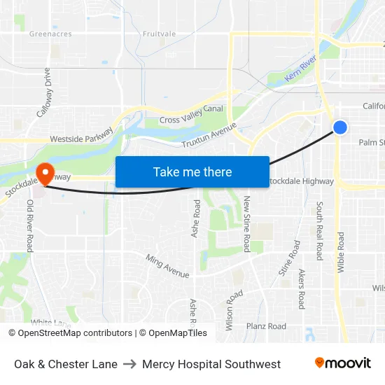 Oak & Chester Lane to Mercy Hospital Southwest map