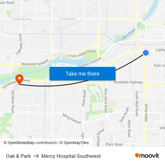Oak & Park to Mercy Hospital Southwest map