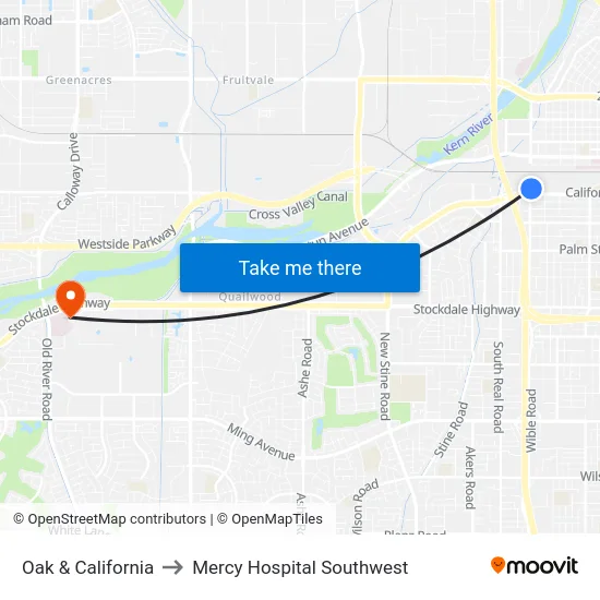 Oak & California to Mercy Hospital Southwest map