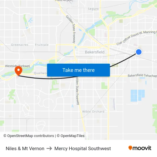 Niles & Mt Vernon to Mercy Hospital Southwest map