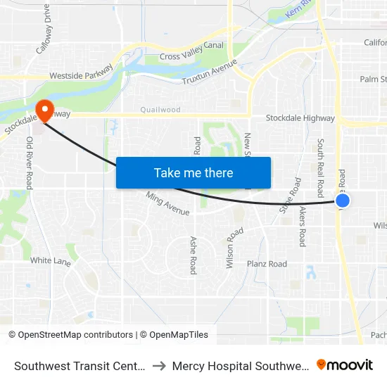 Southwest Transit Center to Mercy Hospital Southwest map