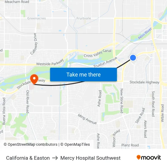 California & Easton to Mercy Hospital Southwest map