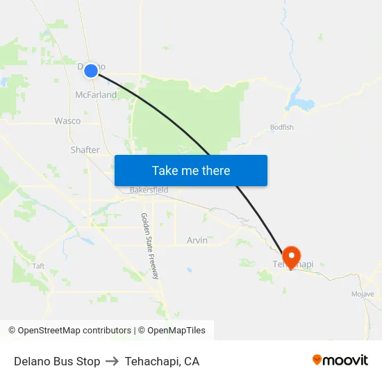 Delano Bus Stop to Tehachapi, CA map