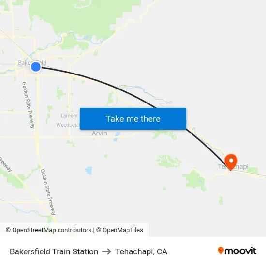 Bakersfield Train Station to Tehachapi, CA map