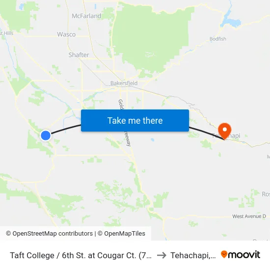 Taft College / 6th St. at Cougar Ct. (760856) to Tehachapi, CA map