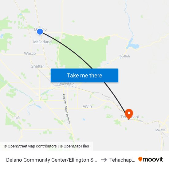 Delano Community Center/Ellington St. (760893) to Tehachapi, CA map