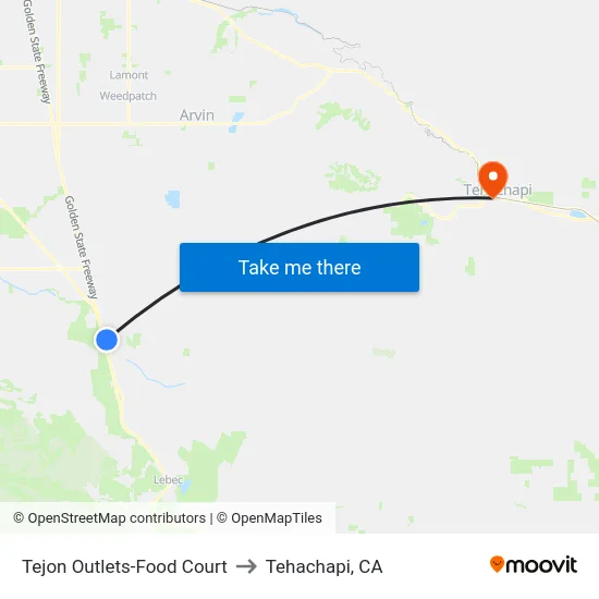 Tejon Outlets-Food Court to Tehachapi, CA map