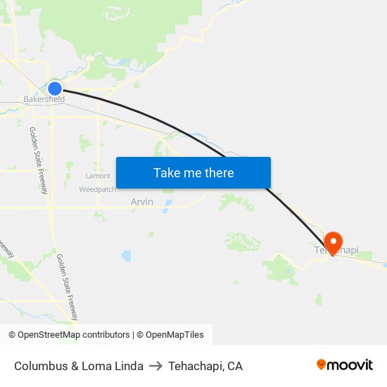 Columbus & Loma Linda to Tehachapi, CA map