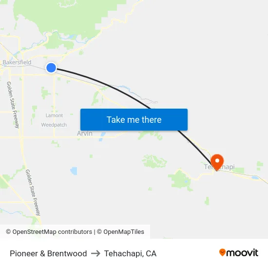 Pioneer & Brentwood to Tehachapi, CA map