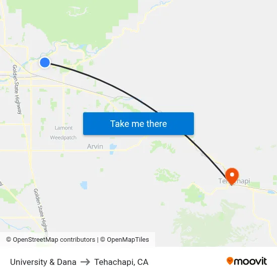 University & Dana to Tehachapi, CA map