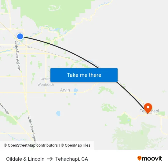 Oildale & Lincoln to Tehachapi, CA map