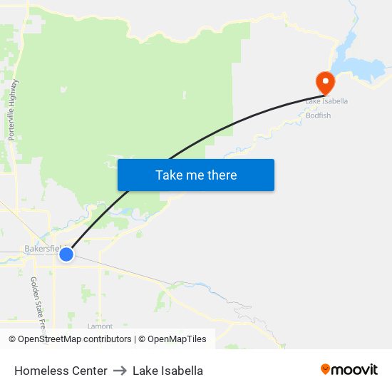 Homeless Center to Lake Isabella map