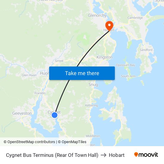 Cygnet Bus Terminus (Rear Of Town Hall) to Hobart map