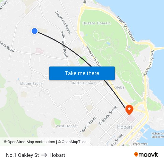 No.1 Oakley St to Hobart map