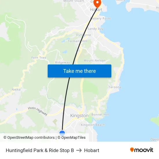 Huntingfield Park & Ride Stop B to Hobart map