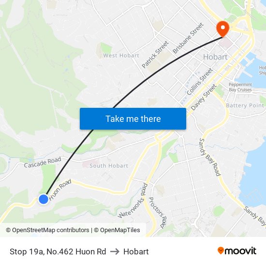 Stop 19a, No.462 Huon Rd to Hobart map