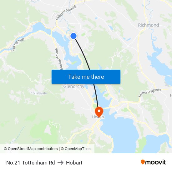 No.21 Tottenham Rd to Hobart map