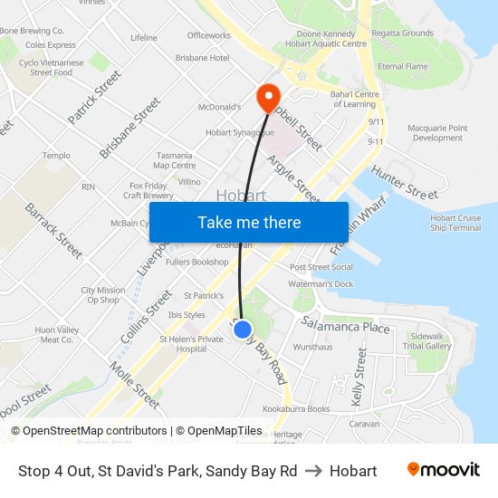 Stop 4 Out, St David's Park, Sandy Bay Rd to Hobart map