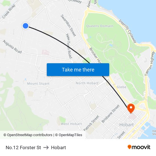 No.12 Forster St to Hobart map