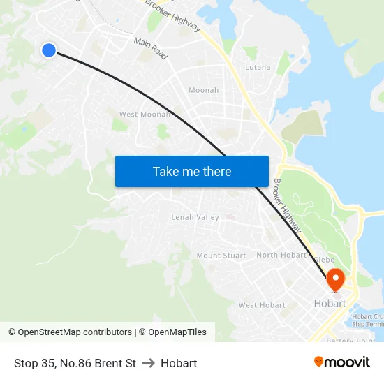 Stop 35, No.86 Brent St to Hobart map