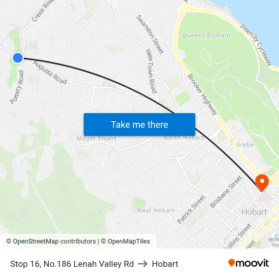 Stop 16, No.186 Lenah Valley Rd to Hobart map