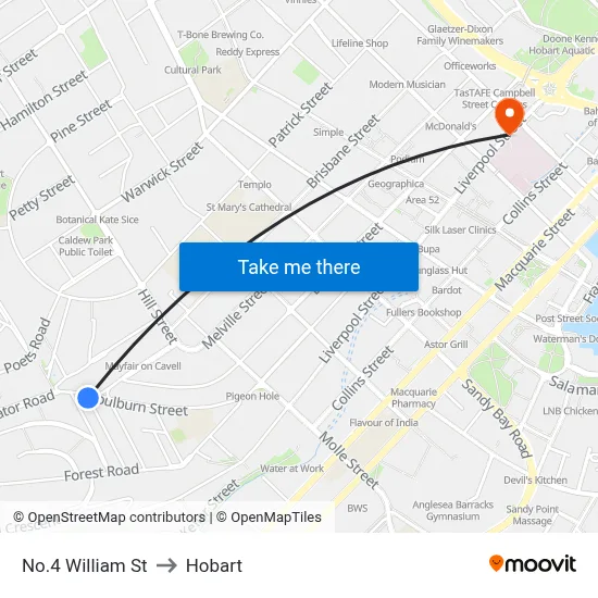 No.4 William St to Hobart map