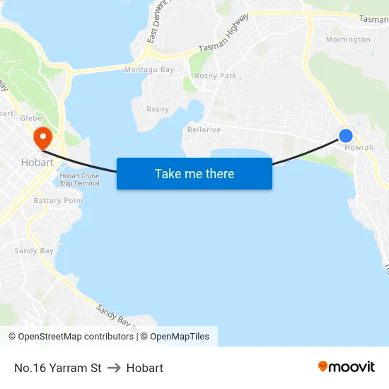 No.16 Yarram St to Hobart map