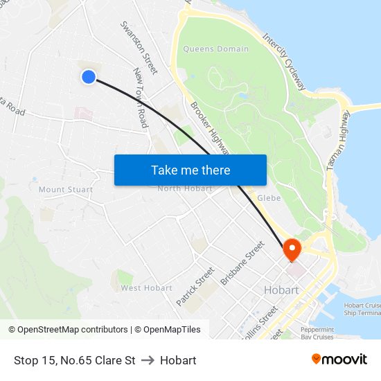 Stop 15, No.65 Clare St to Hobart map
