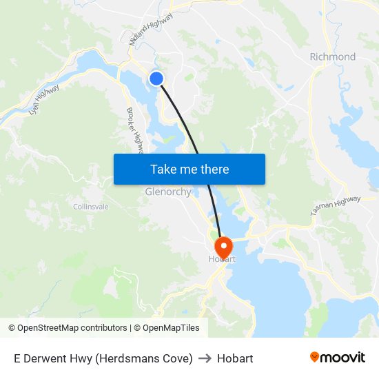 E Derwent Hwy (Herdsmans Cove) to Hobart map