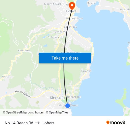 No.14 Beach Rd to Hobart map