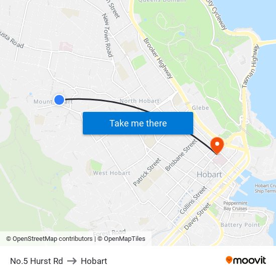 No.5 Hurst Rd to Hobart map