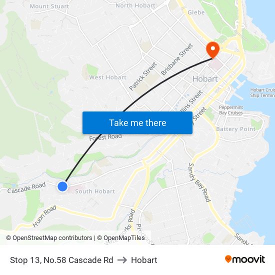Stop 13, No.58 Cascade Rd to Hobart map