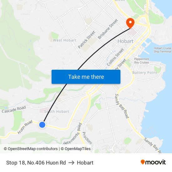 Stop 18, No.406 Huon Rd to Hobart map