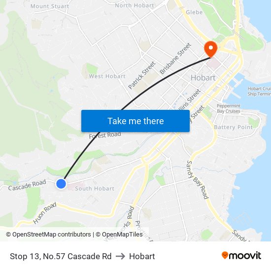 Stop 13, No.57 Cascade Rd to Hobart map
