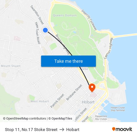 Stop 11, No.17 Stoke Street to Hobart map