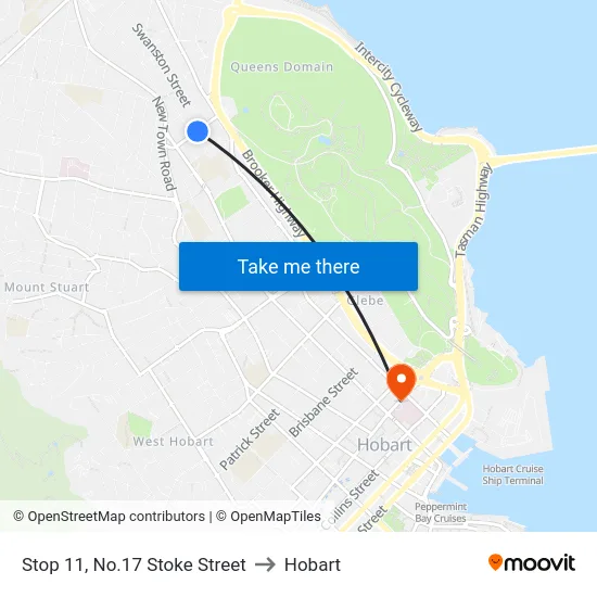 Stop 11, No.17 Stoke Street to Hobart map