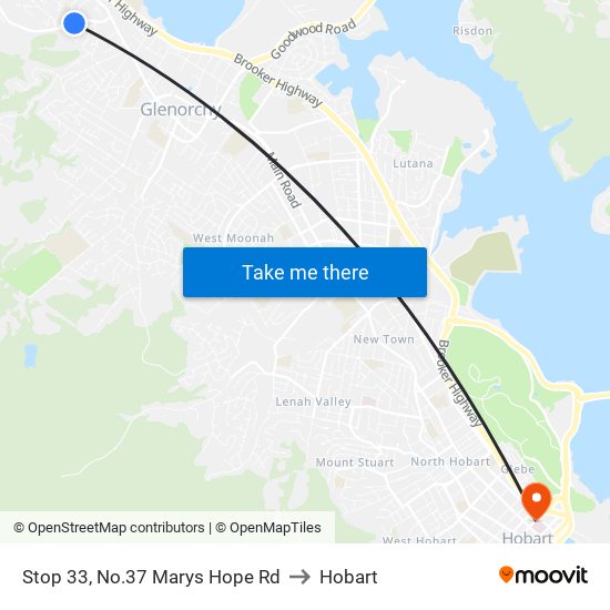 Stop 33, No.37 Marys Hope Rd to Hobart map