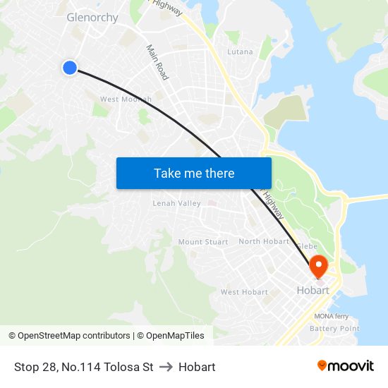 Stop 28, No.114 Tolosa St to Hobart map